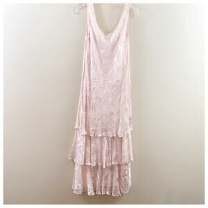 Cameron Blake by Mon Cheri Silk Floral Tiered Sleeveless Maxi Pink Dress